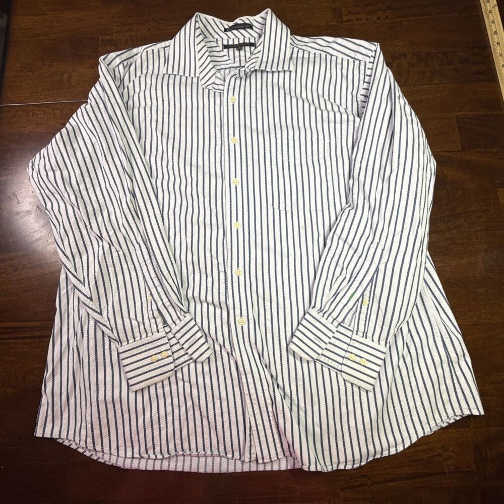 Tommy Hilfiger Shirt Mens 18 34-35 XXL Blue White Striped Long Sleeve Button Dow